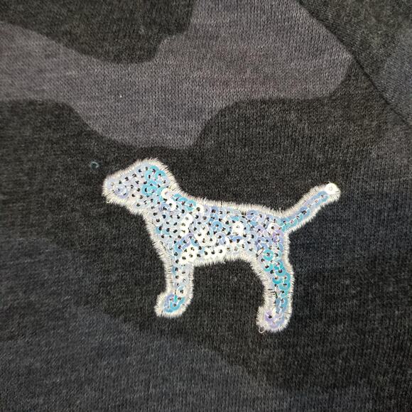 PINK Victoria's Secret Hoodie Womens Small Gray Camo Sequin Zip Sweatshirt Dog - Picture 3 of 10